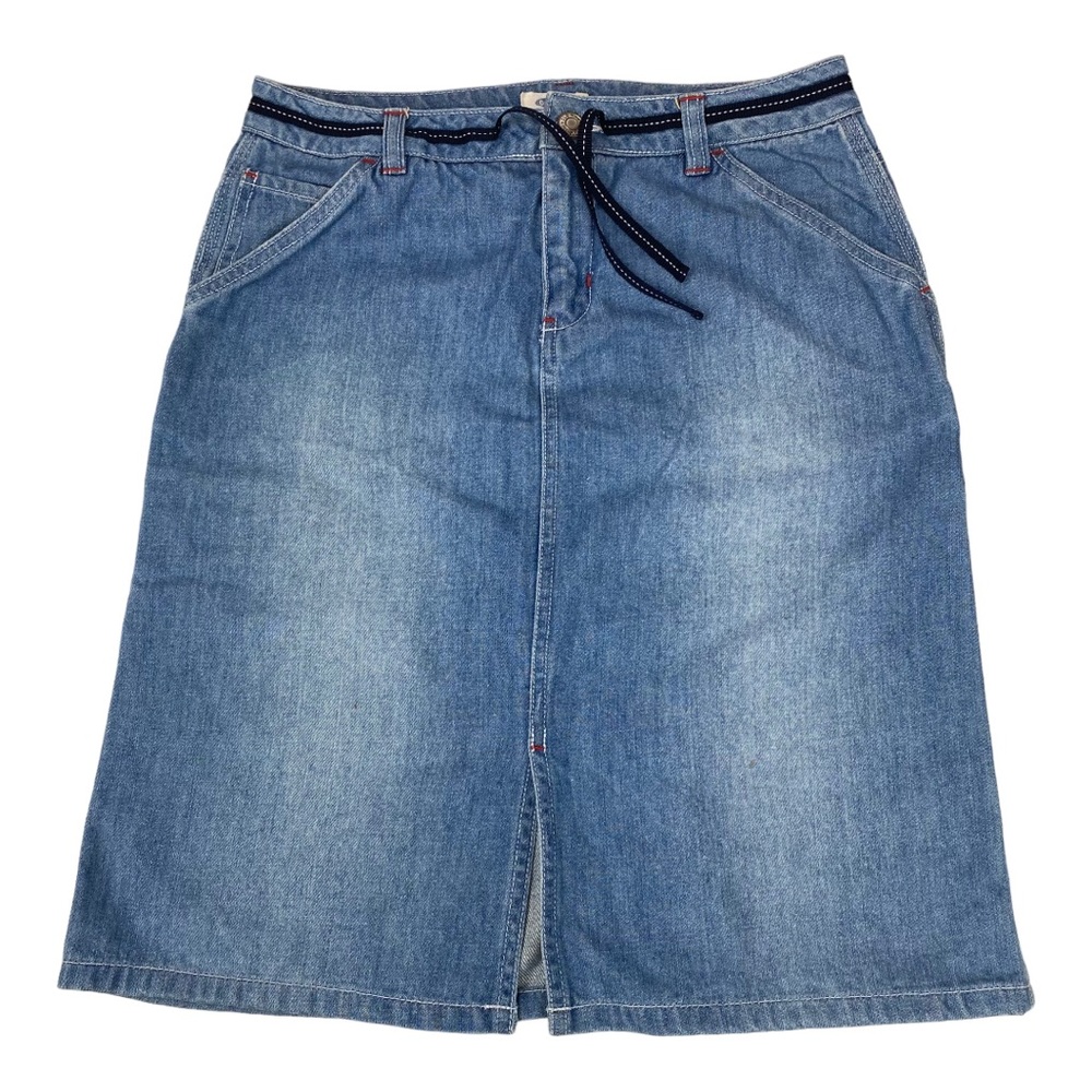 Vintage Old Navy Jean Skirt Size 12 Denim Carpenter  Ribbon Fade Pockets Slit